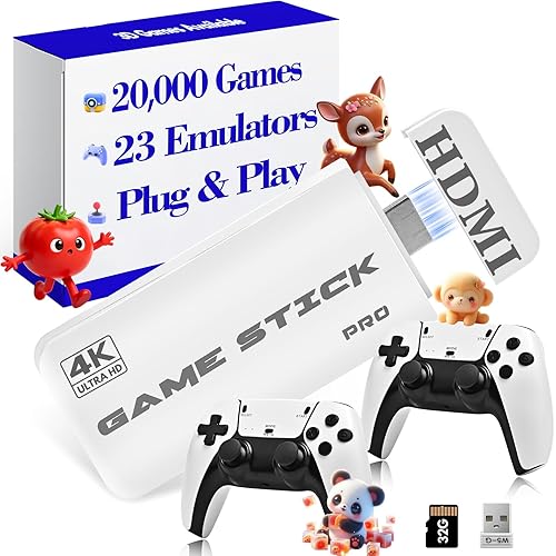 Retro Gaming Console 2026 with 23 Emulators, Game Stick Pro 4K with 20,000 Games, HDMI Output Retro Video Game Console Plug and Play with Dual 2.4G Wireless Controllers