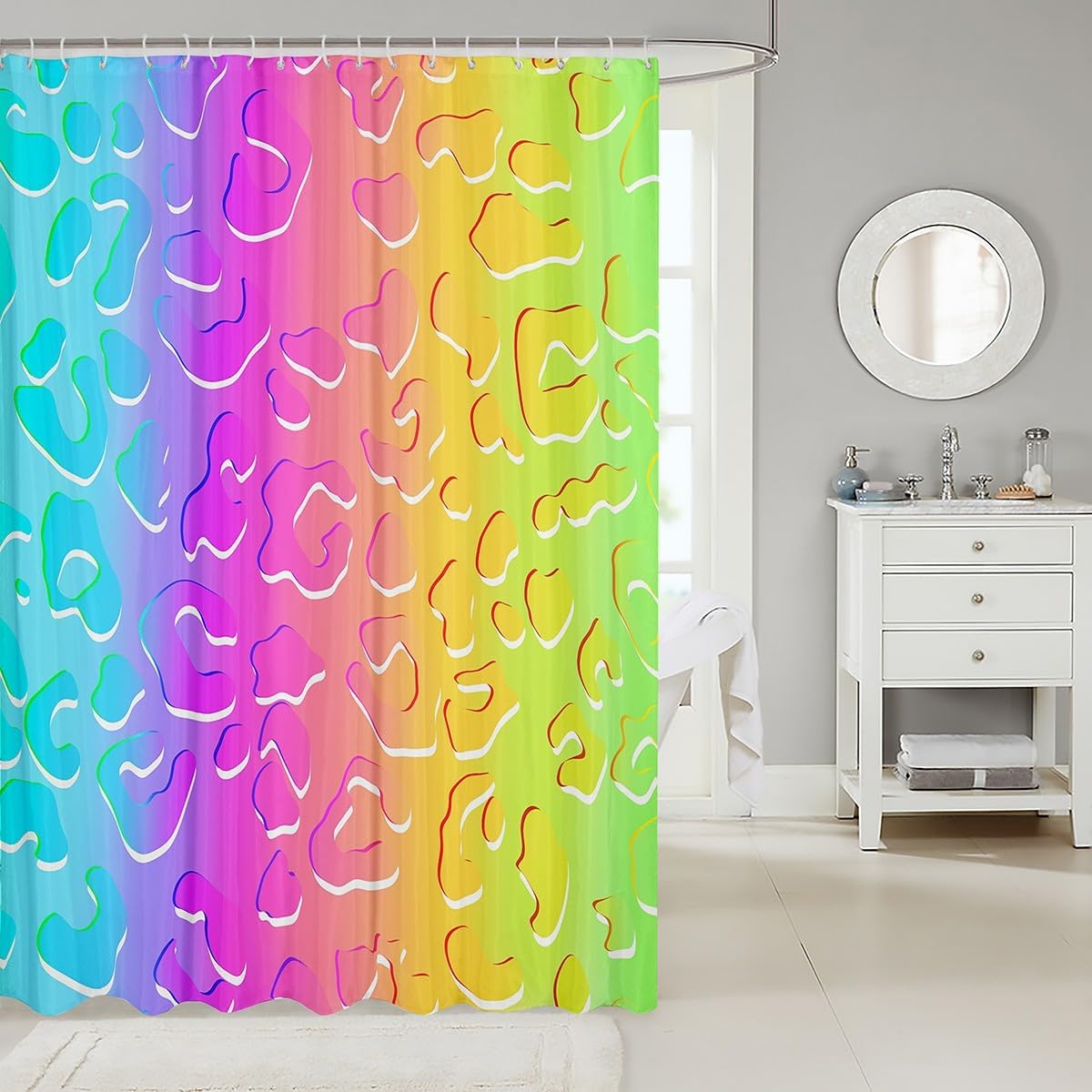 Watercolor Leopard Print Girly Shower Curtains for Kids Girls Beauty Woman,Wild Animal Skin Rainbow Bathroom Curtains,Cheetah Fur Rustic Novelty Waterproof Curtains,12 Hooks Suits,72" W x 78" L image 2