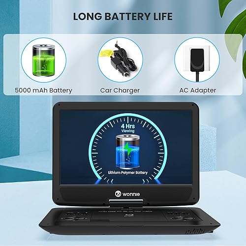 Miniatura 5 de WONNIE Reproductor de DVD Blu Ray portátil de 16.9 pulgadas con pantalla giratoria grande Full HD de 14.1 pulgadas, sonido Dolby Audio, batería