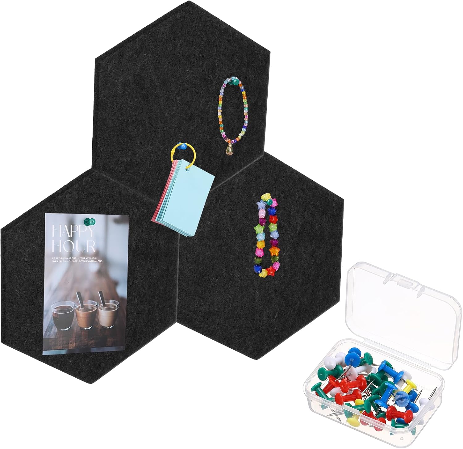 PATIKIL Hexagon Felt Cork Board Tiles, 3Pcs 12 inch Self Adhesive Bulletin Wall Felt Pin Board with 30 Push Pins Corkboard for Home Office Photos Memos, Black