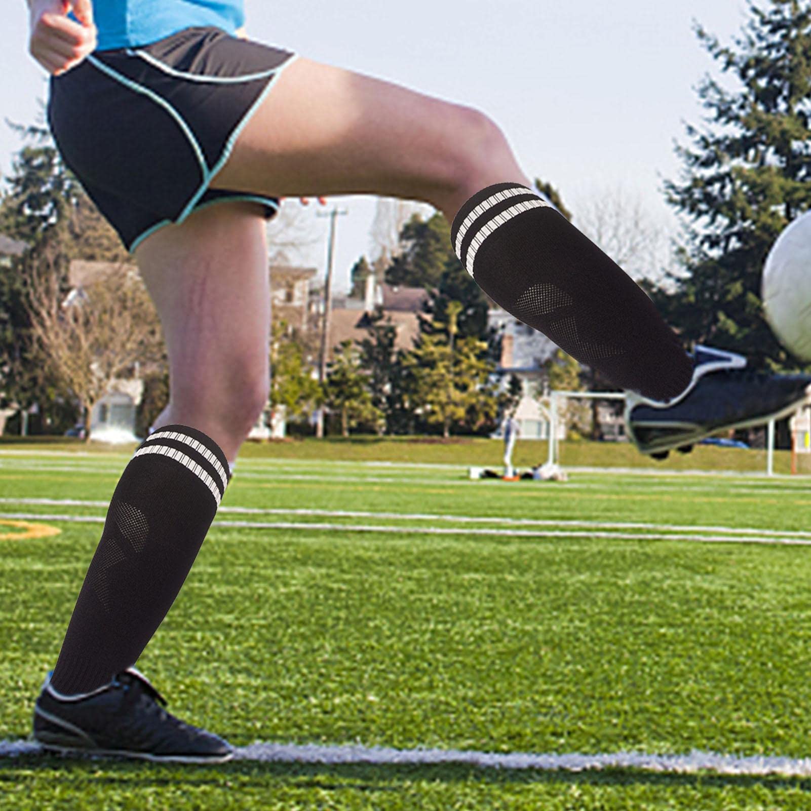 Calzini da calcio con strisce | Calzini da calcio antiscivolo a tubo lungo calzini alti al ginocchio, calze da calcio retrò a doppia striscia calze a compressione per sport all'aperto