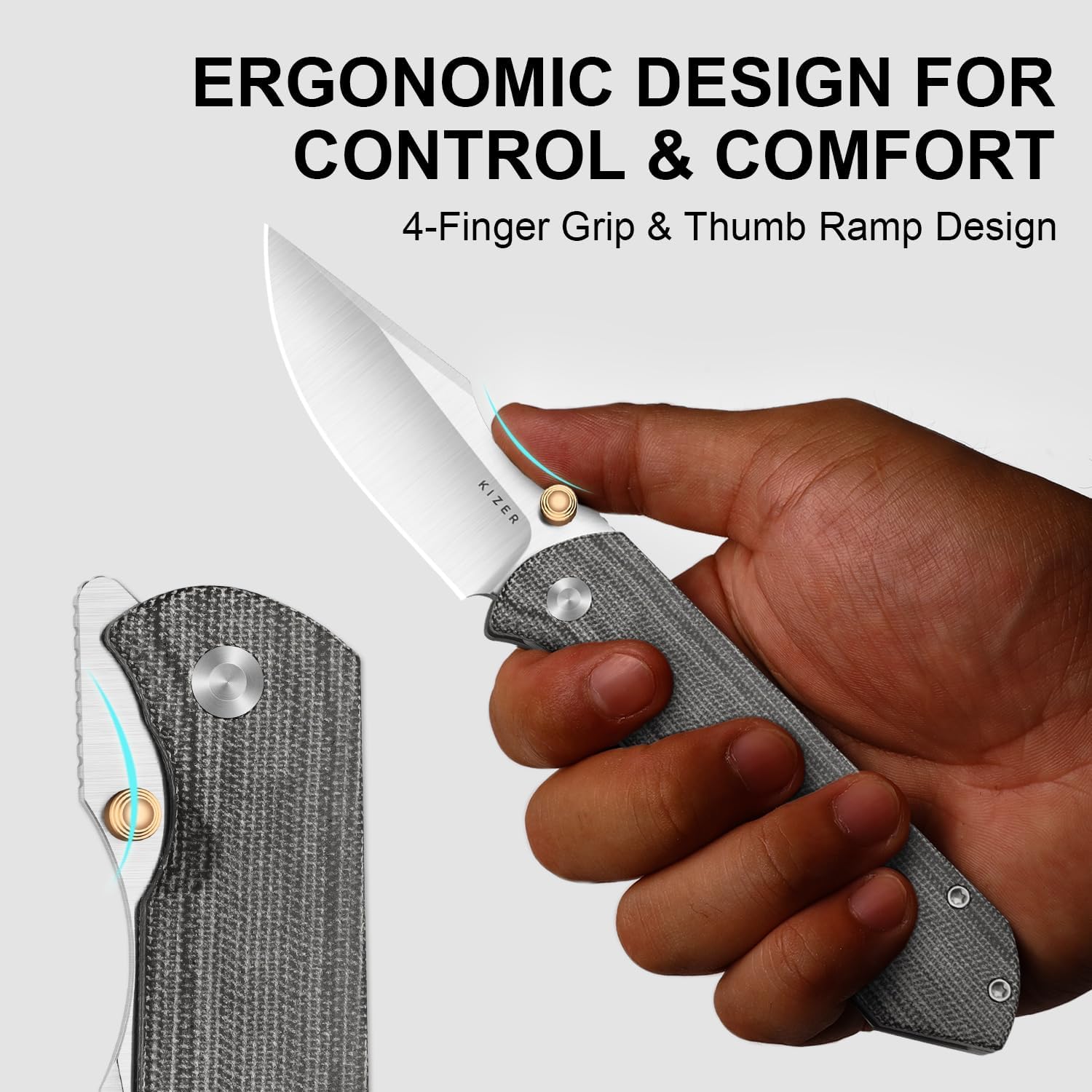 Kizer Harpoon Fold Pocket Knife, 3.4" Drop Point Elmax Blade Folding Knife with Gray Titanium & Black Norplex UltreX™ Micarta Handle, Thumb Stud Front Flipper EDC Knives for Men Women Ki4784A2