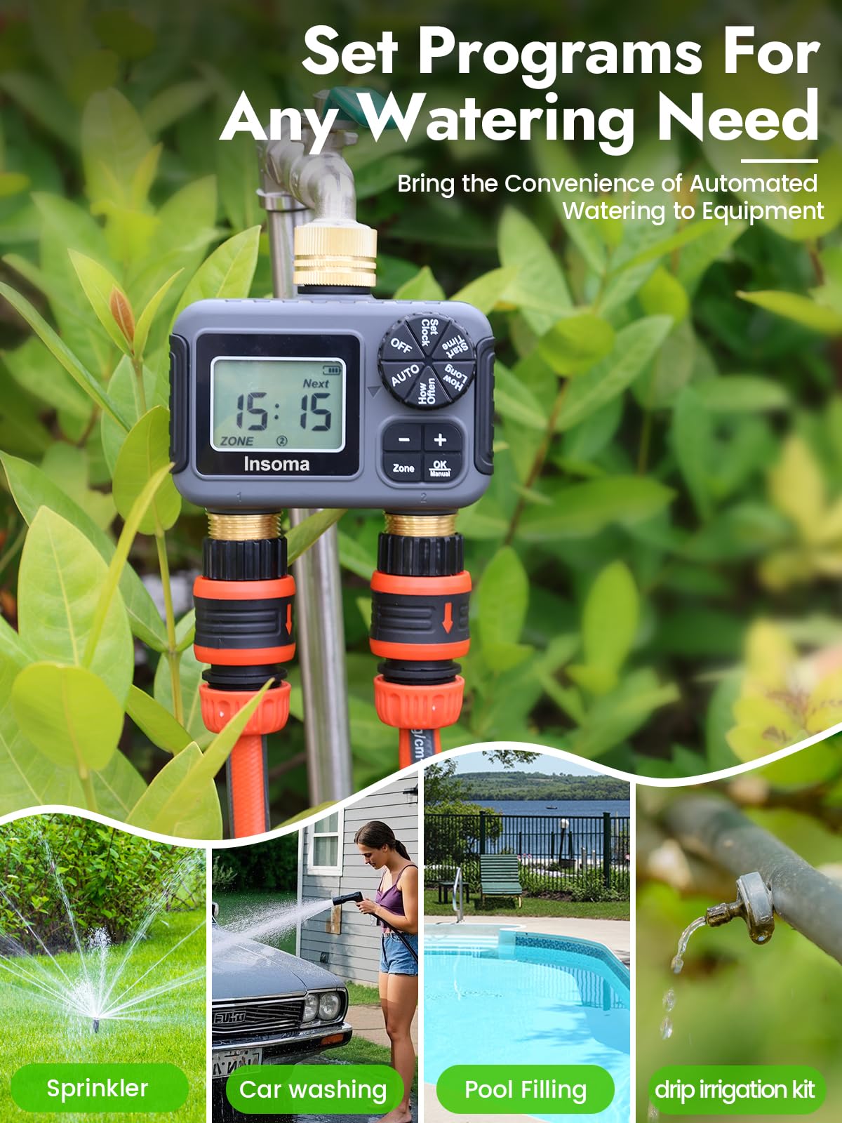 Insoma Sprinkler-Timer mit 2 Ausgängen und Messing-Einlass & Auslass, Wasser-Timer für Gartenschlauch mit automatischen/manuellen Modi + Regenverzögerung, Schlauch-Timer für Garten, Hofrasen, IPX5