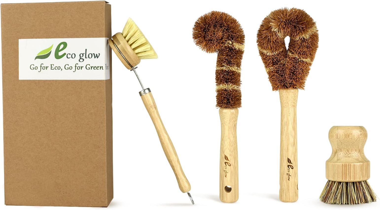 Eco-Hive Natural Bamboo Dish Scrub Brush 4 Piece Set, for Vegetable & Kitchen Dish Cleaning, Crafted from Coconut Fibers with Bamboo Handles