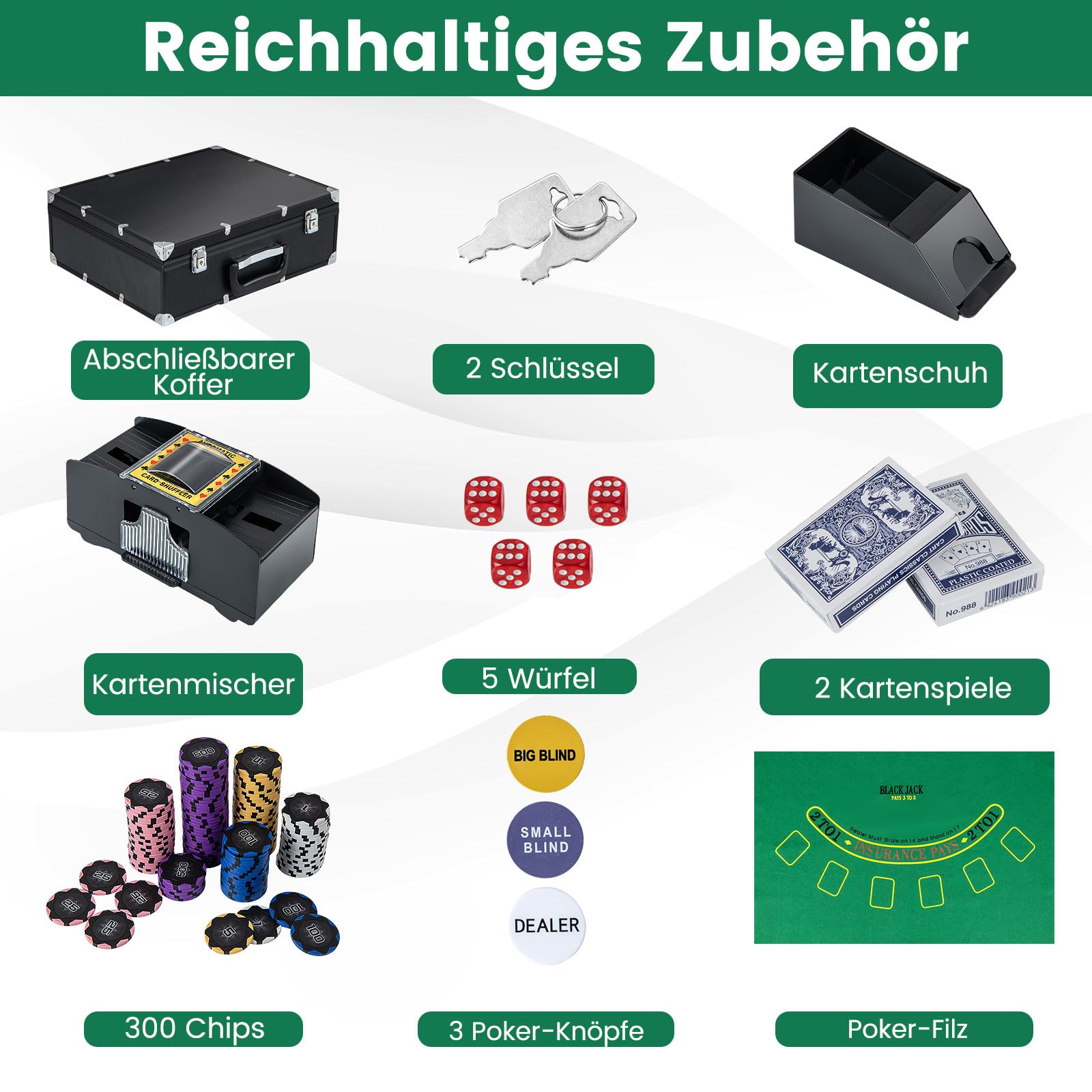 DREAMADE Pokerkoffer mit 300 Laser Poker Chips/ 2 Pokerkarten Set/Kartenmischer/Kartengeber/Spielmatte/ 5 Würfel/ 3 Dealer-Buttons, Poker Komplett Set Pokerset Profi Texas Hold'em (300 Chips)