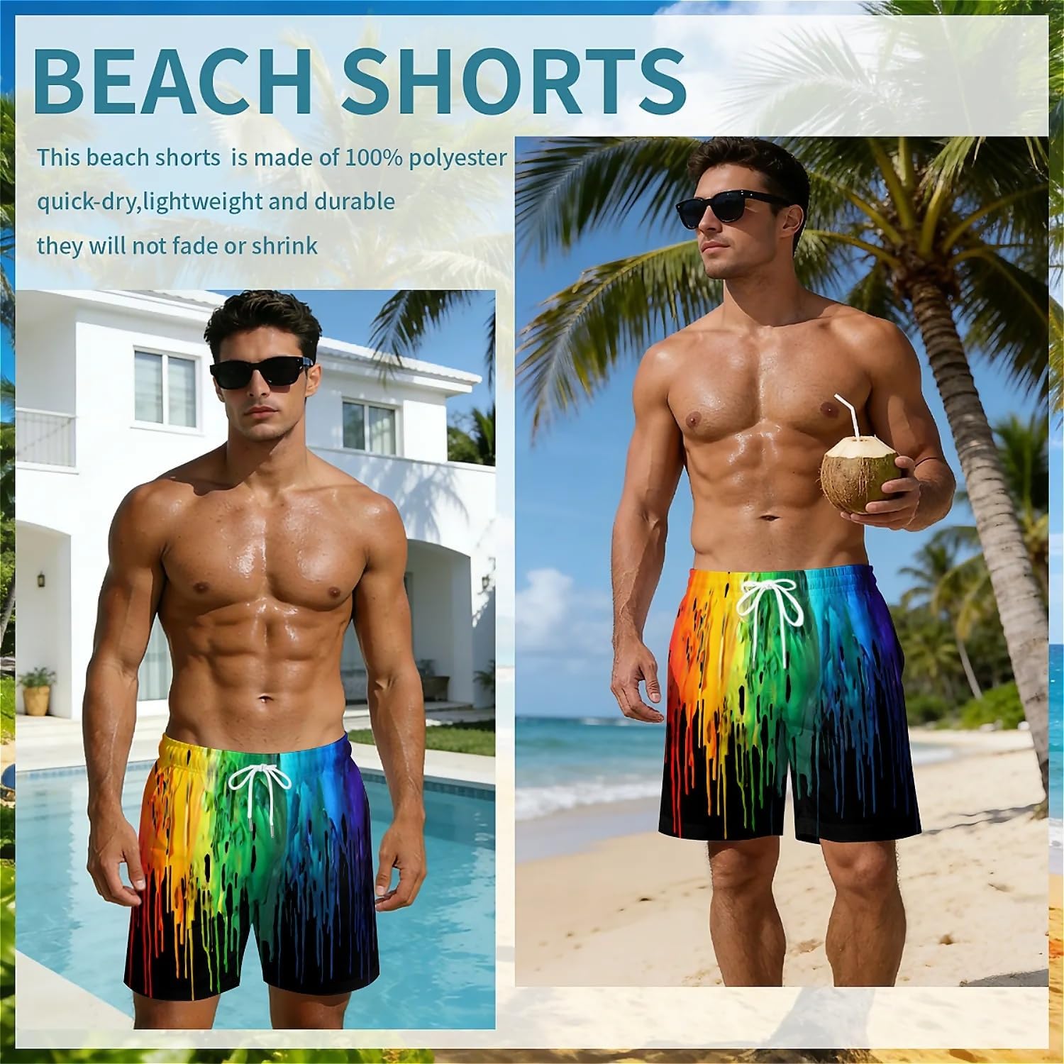 Black Rainbow Paint Men's Swim Trunks Quick Dry Bathing Mesh Lining Suit Swimsuits Beach Shorts with Pockets