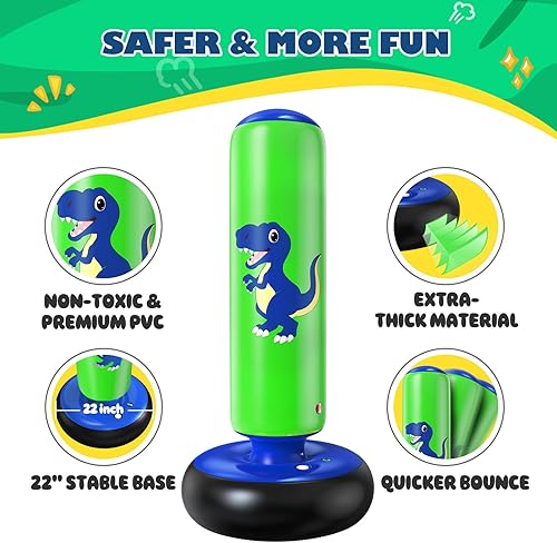 Miniatura 6 de QPAU Saco de boxeo inflable, bolsa de boxeo inflable estable de 48 pulgadas para 3-6 niños, juguete de dinosaurio y regalos para niños y niñas,