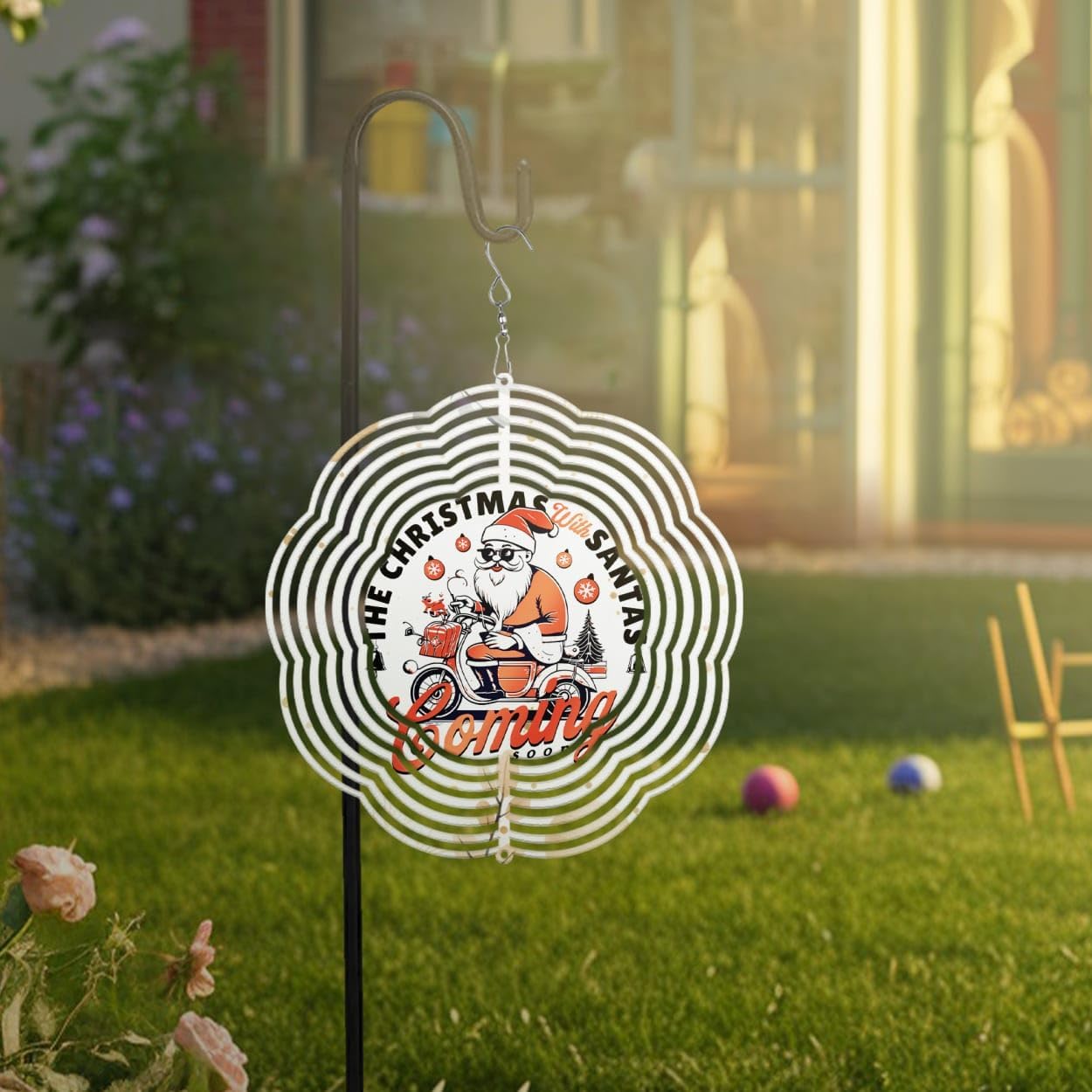 The Christmas with Santas Christmas Wind Spinners 3D Stainless Steel Laser Cut Metal Double Sided Printing-Hanging Indoor/Outdoor Decorations Yard Gardening Decor,Metal Kinetic Art 14x14 inches