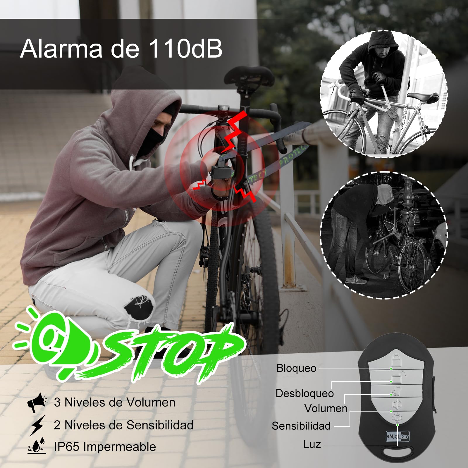 Candado de cadena para bicicleta con alarma, bloqueo antirrobo, 110 dB, seguridad de 4 pies, resistente con cable USB C y 3 llaves para bicicleta/scooter eléctrico/motocicleta