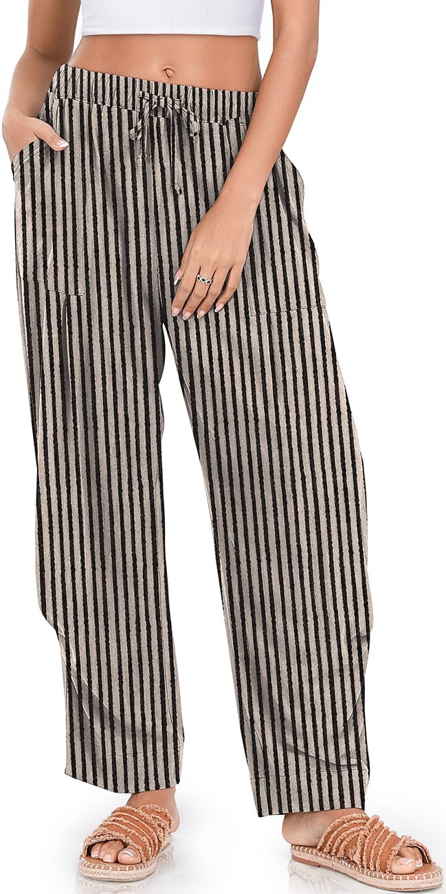Photo 1 of *MAJOR DAMAGE*
TARSE Women Linen Wide Leg Pants Drawstring Low Waist Beach Travel Vacation Outfits, BlackBeigeStriped, XL