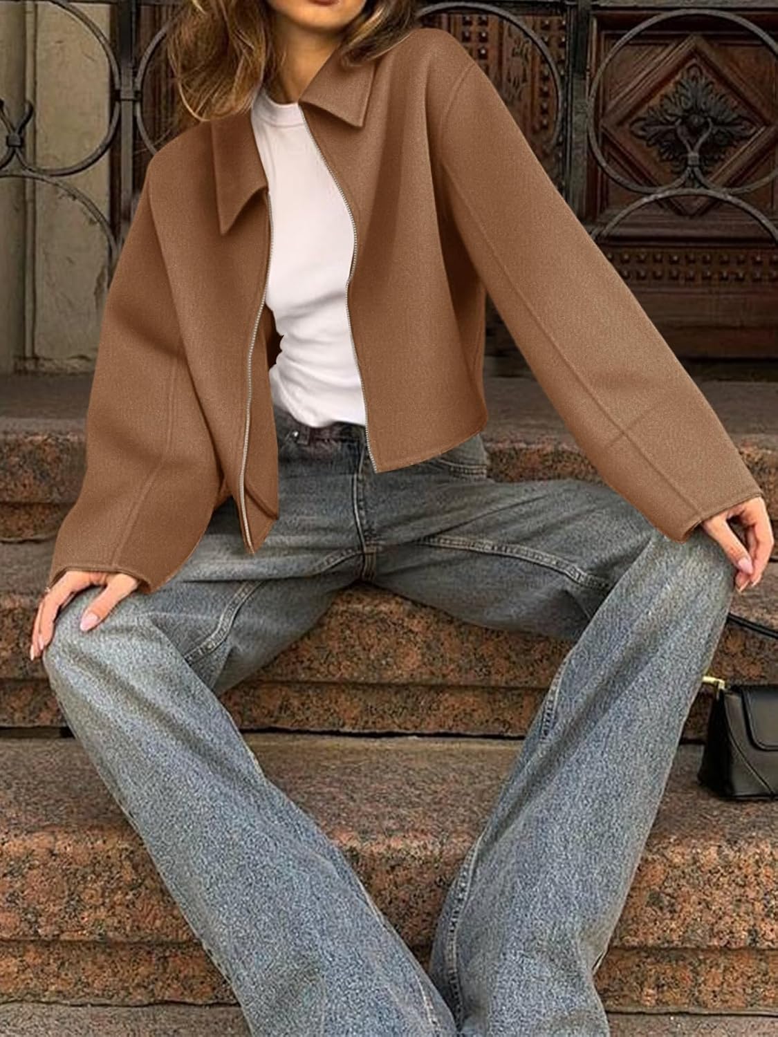 Yousify Womens Cropped Pea Coats Zip Up Short Casual Bomber Wool Blend Jackets Barn Fall Outerwear with Pockets - Image 2