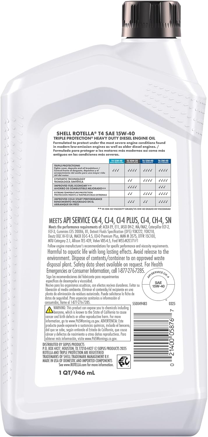 Shell Rotella T4 Triple Protection 15W-40 Diesel Engine Oil, 1 Quart (6 Pack) - Image 2