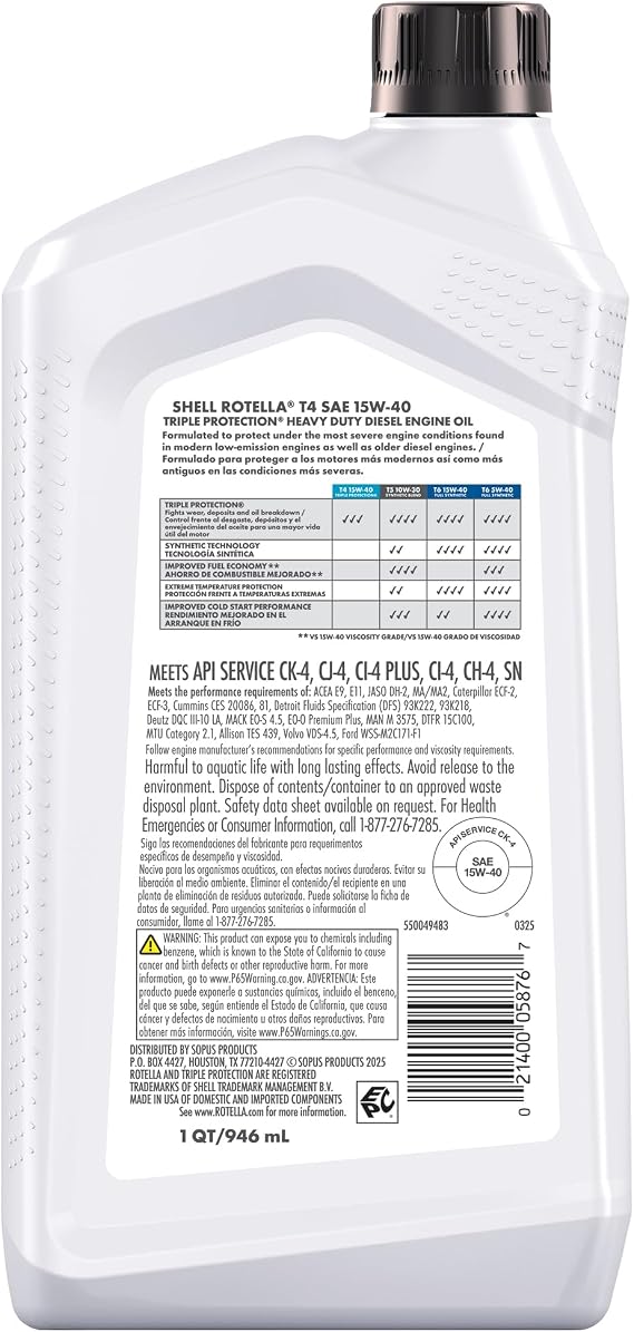 Shell Rotella T4 Triple Protection 15W-40 Diesel Engine Oil, 1 Quart (6 Pack)