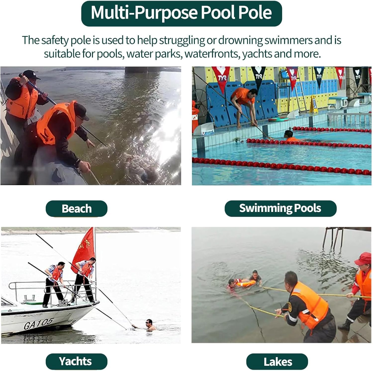 Telescopic Rescue Pool Pole - 21.3ft Fiberglass Safety Hook with Non-Slip Handle, Essential Emergency Drowning Rescue Tool for Pools & Beaches, Lifesaving Equipment