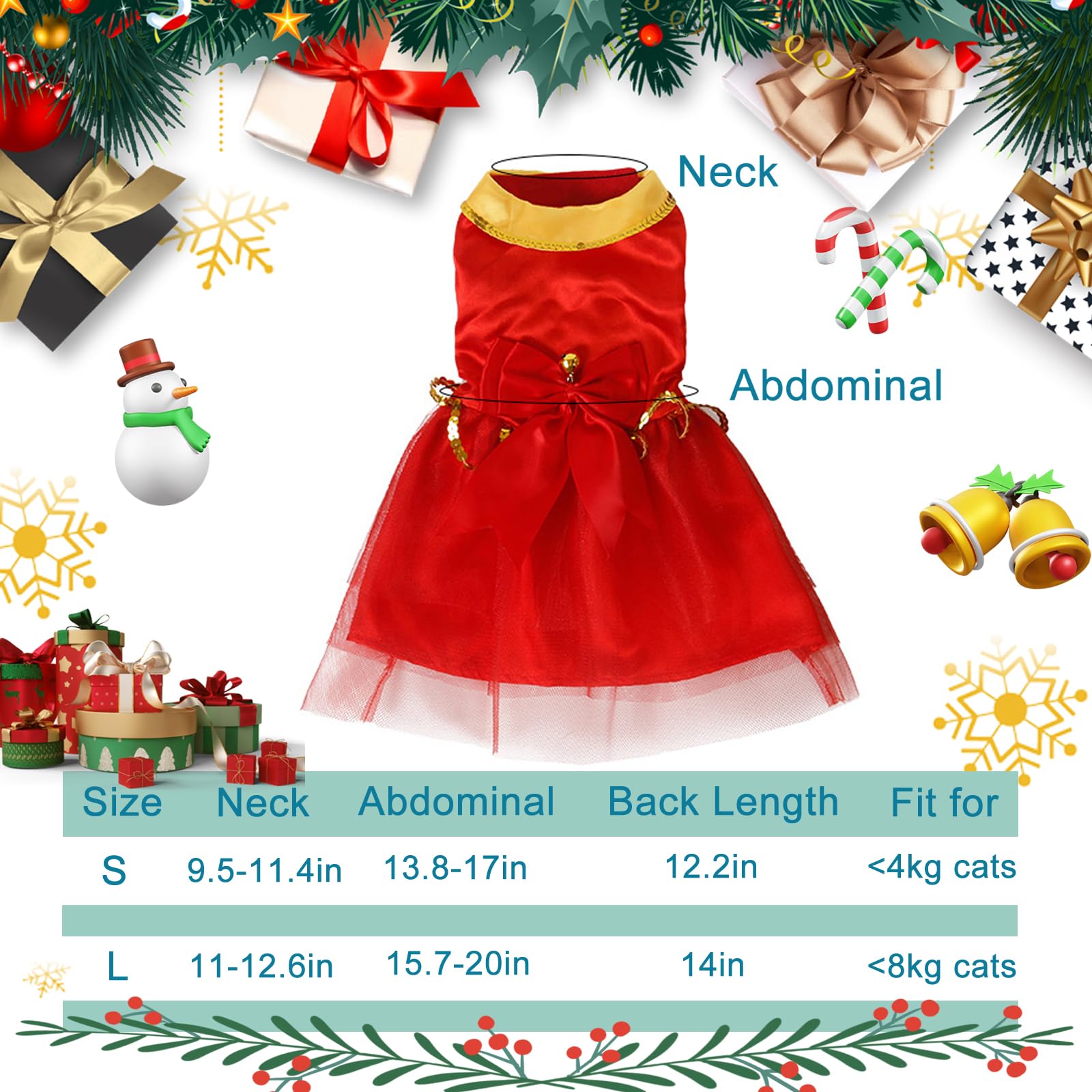 Pets on Safari Dog Christmas Dress, Xmas Cat Red Tulle Dress with Bell, New Year Santa Claus Outfit Clothes with Bowtie for Puppy Small Medium Dogs, Cats Apparel (Small)