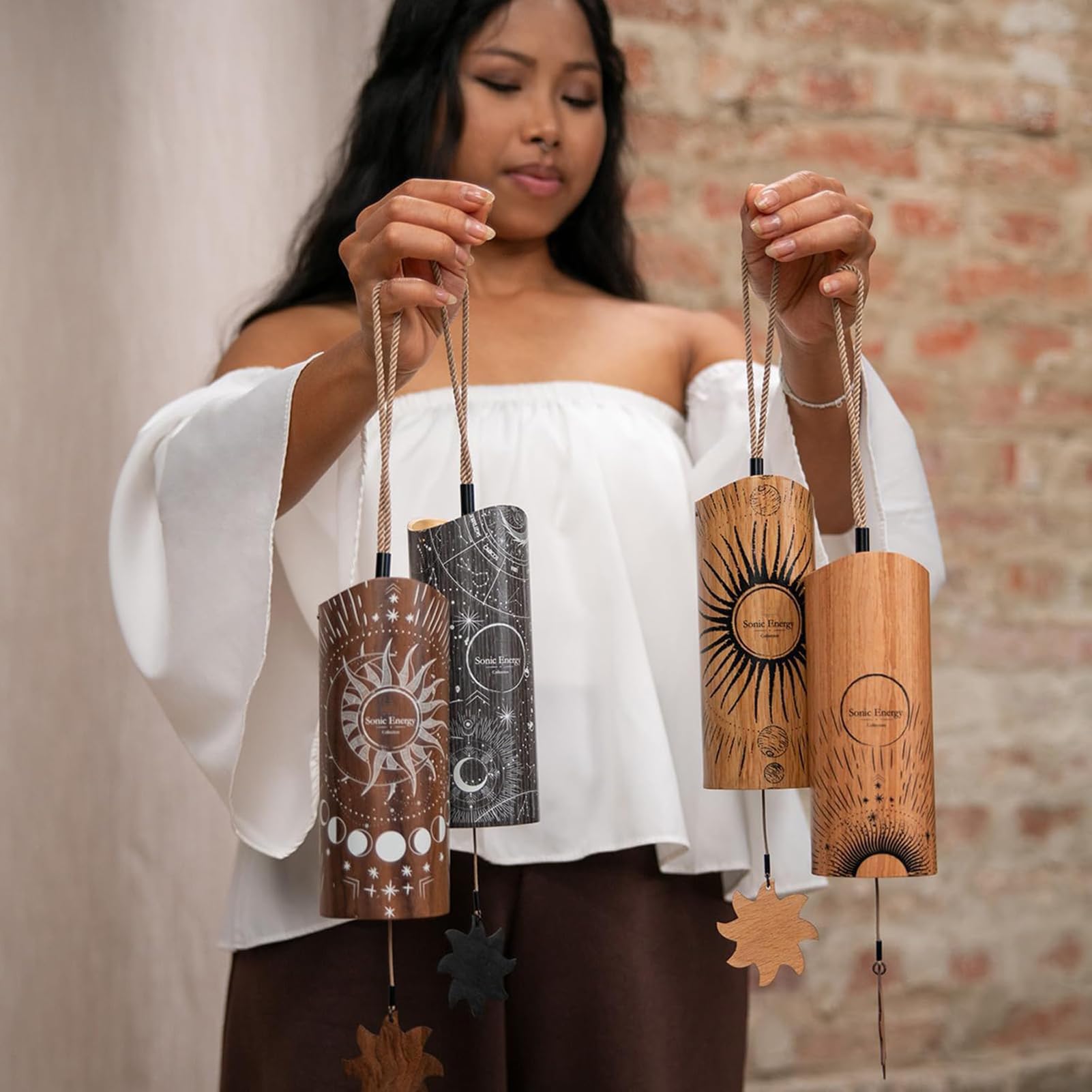 Lot de 4 carillons éoliens en bambou avec sac de rangement, tonalité énergétique sonique 432 Hz pour la guérison par le son, la méditation et le yoga