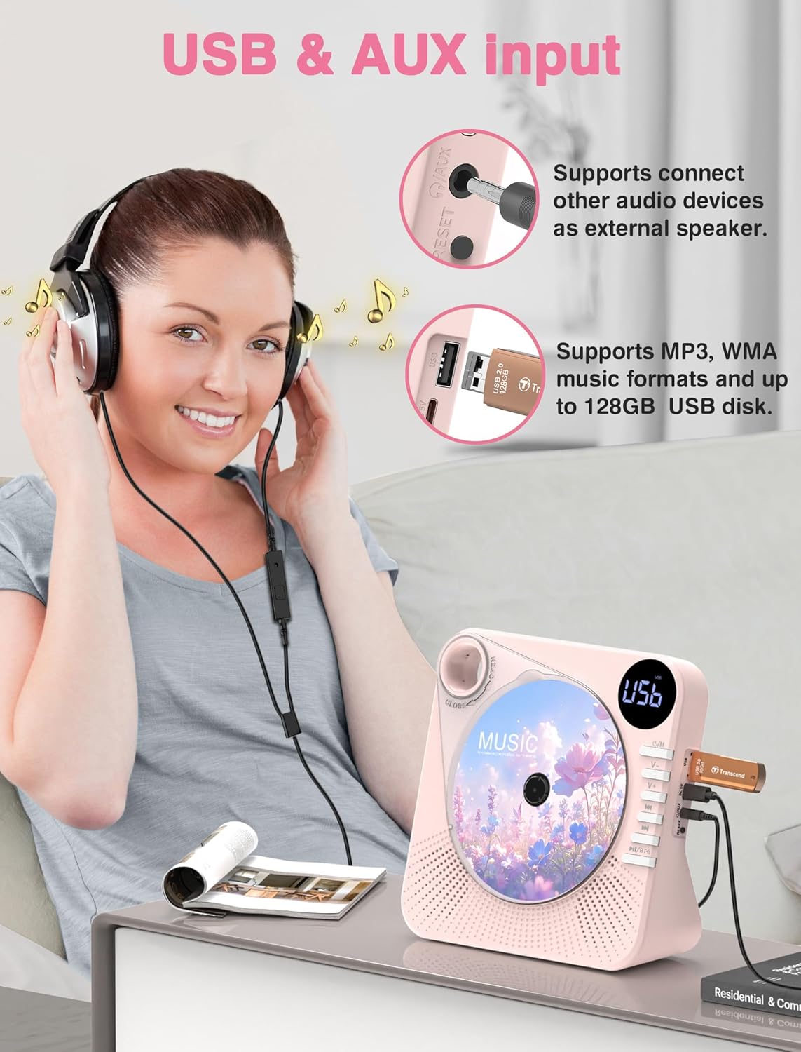 CD Player Bluetooth with HiFi Dual Speaker,Desktop CD Player for Home with Remote Control,Dust Cover,LCD Display,Sleep Timer,EQ Sound,USB/AUX,Kids,Gift,Pink