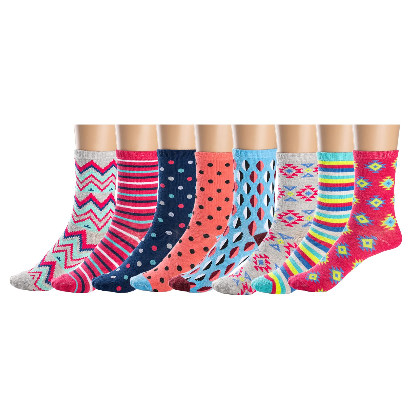 Silky Toes Women's Crew Patterned Fun Socks | 8 Pairs Funny Striped Novelty Sock