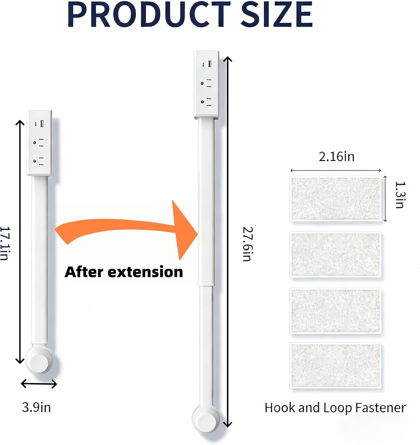 Electrical Outlet Extender Stick,180° Rotating Outlet Extender, Adjustable 44–70cm Electrical Outlet Extension with USB-C/USB-A Ports and 2 AC Outlets, Use Behind Couches,Nightstands,Desks,More