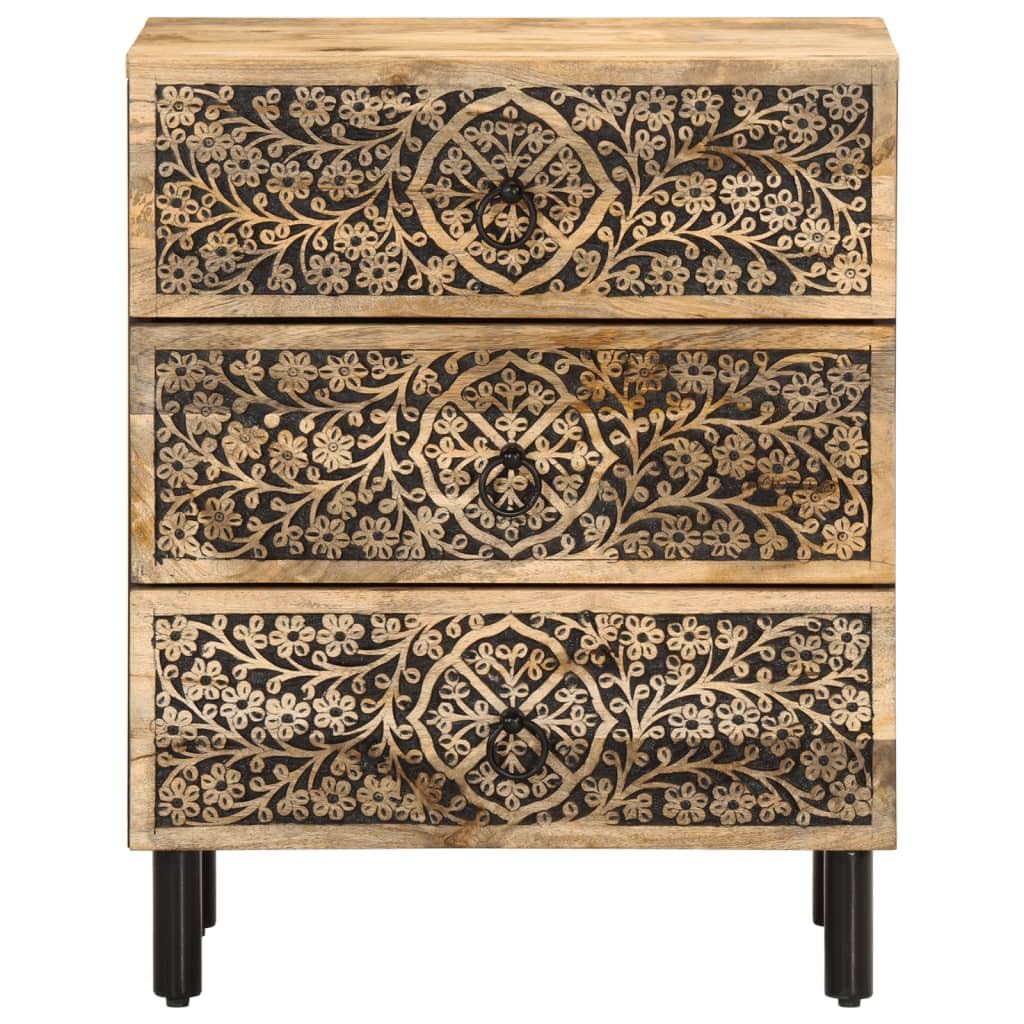Table de chevet en bois de manguier massif 50 x 33 x 60 cm avec 3 tiroirs, pieds en fer, motif floral sculpté à la main, étagère et espace de rangement pour chambre à coucher, couloir ou