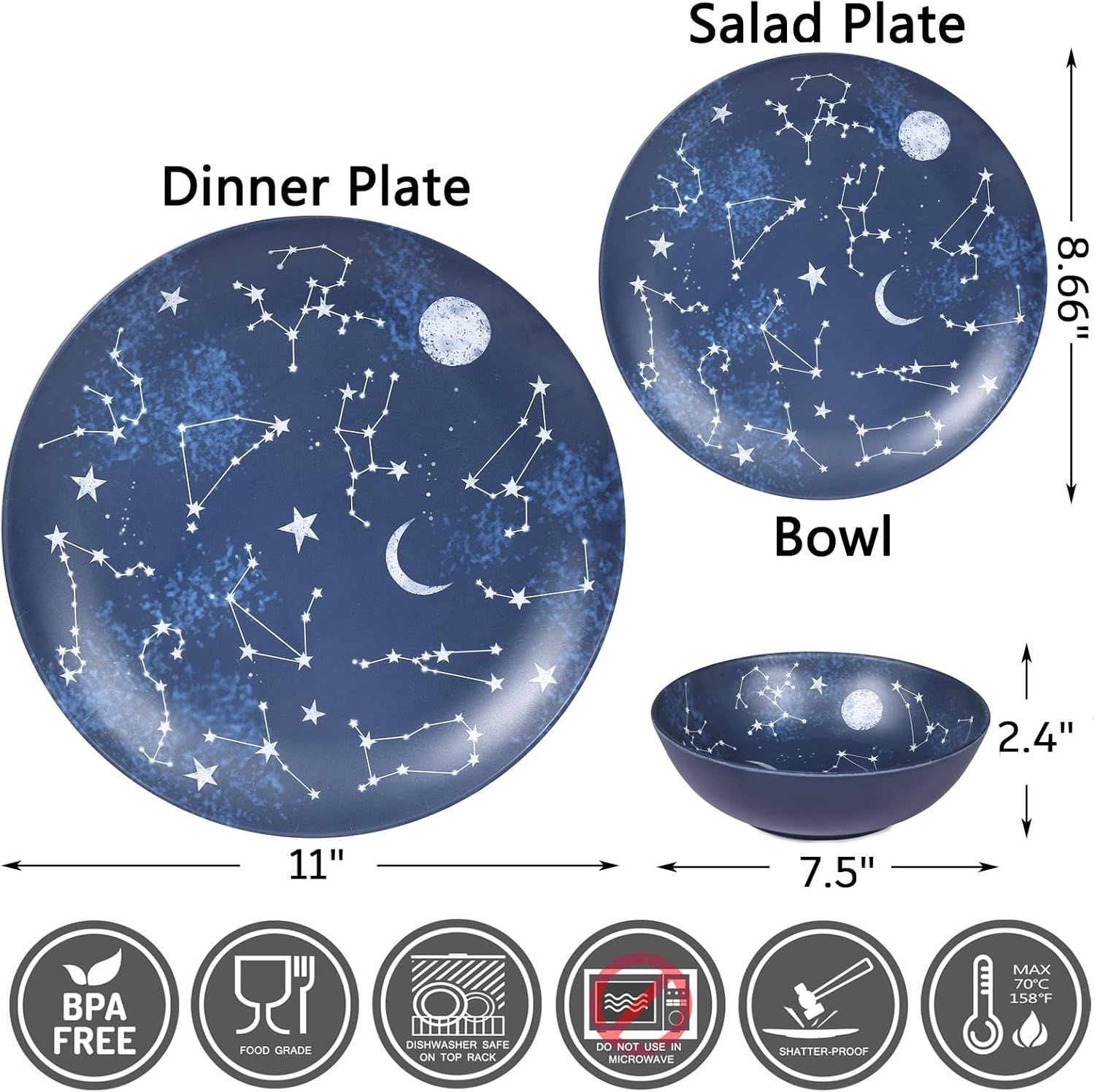 12 Piece Melamine Dinnerware Sets for 4 - Starry Pattern Camping Dishes Set for Indoor and Outdoor Use, Dishwasher Safe Plates and Bowls Sets, Dark Blue