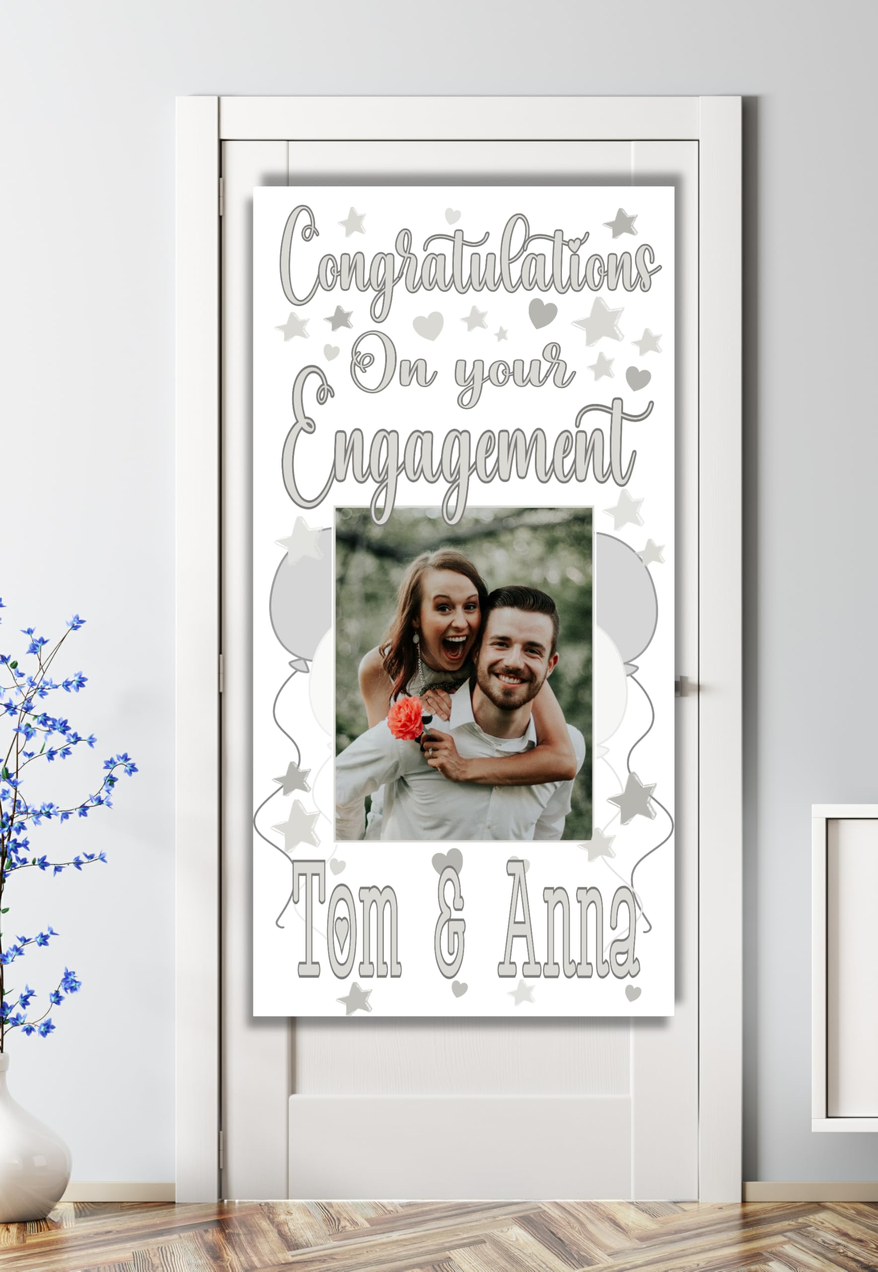 Large Personalised Engagement Banner Customised Party Decorations We're Engaged Congratulations Happy Engagament Banners Door Poster Sign Indoor Outdoor (Silver, 4x2ft Door Poster)