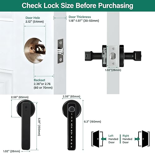 Miniatura 6 de TCFUNDY Cerradura de puerta inteligente con huella digital sin llave con asa, cerradura electrónica digital con teclado de pantalla táctil,