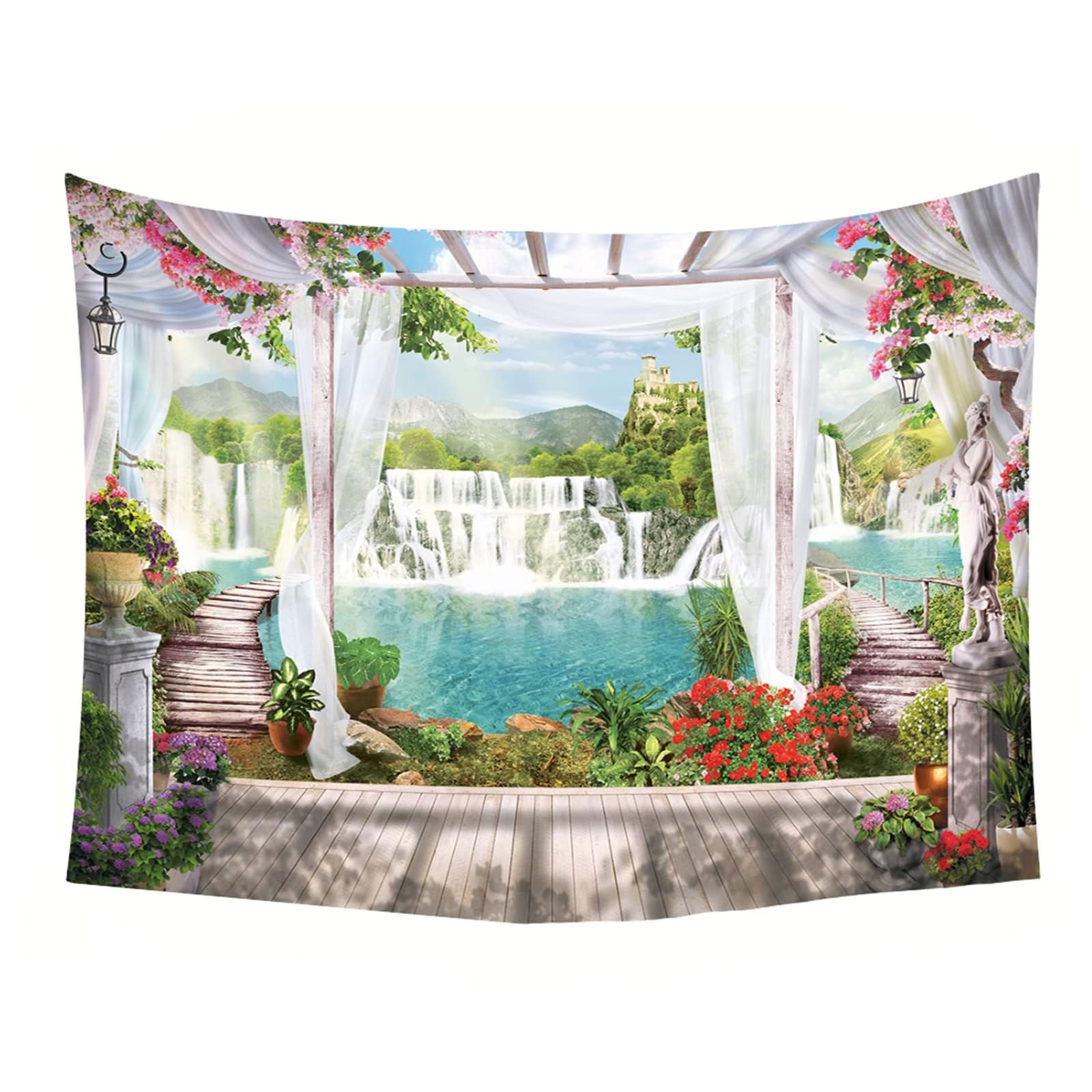 Tappeto Parete Soggiorno, Paesaggio del Padiglione della Cascata del Fiore Bianco Verde Decorazione da Parete per Camera da Letto, Soggiorno, 300x256cm