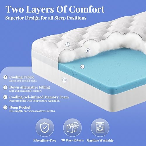 Miniatura 12 de OhGeni Cubrecolchón de doble capa de 4 pulgadas, espuma viscoelástica de gel y almohadilla superior suave de 2 pulgadas, funda de colchón, sueño