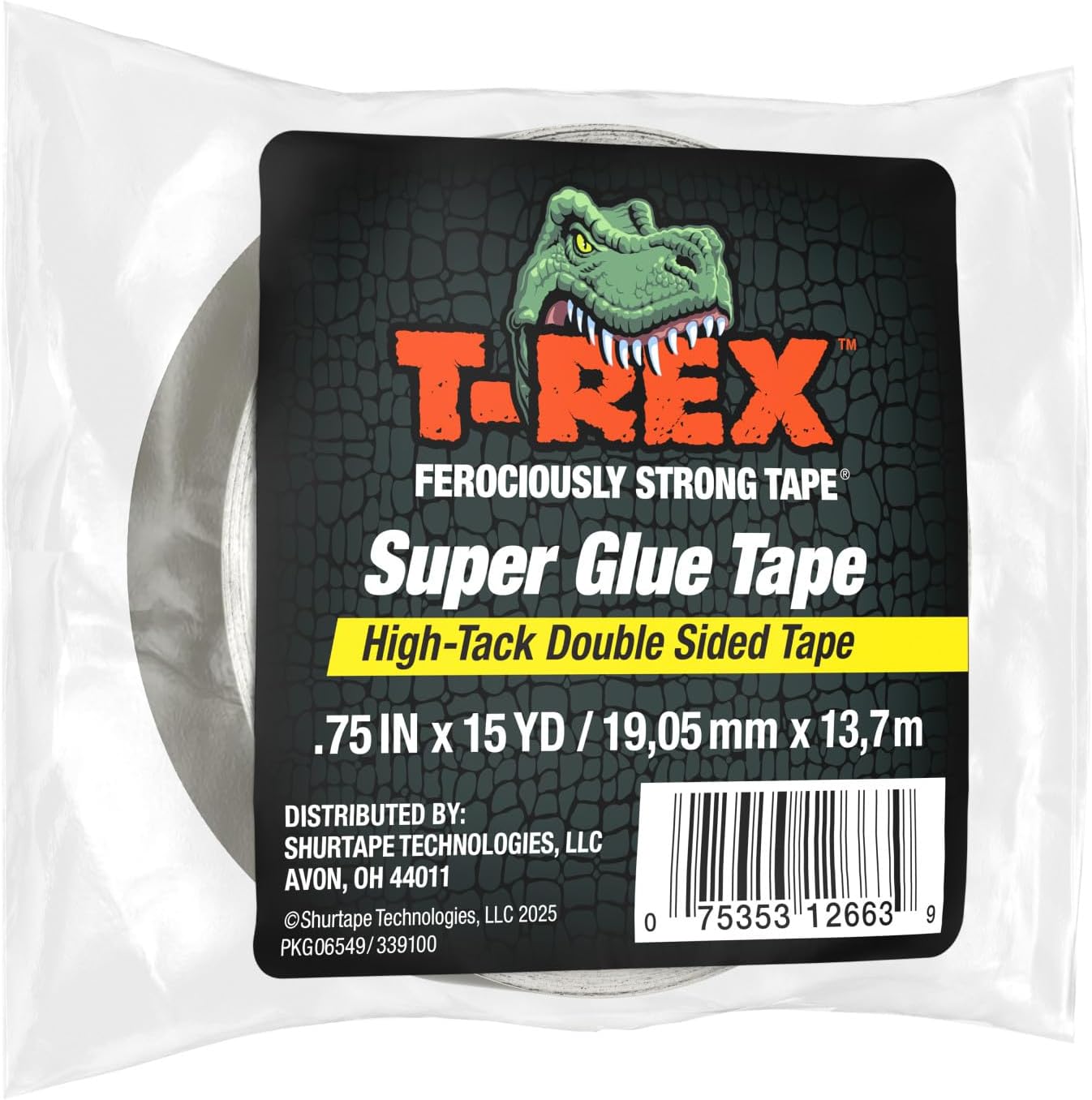 T-Rex Double Sided Super Glue Tape, 0.75" x 15 Yards, Clear, 1 Pack (287704)