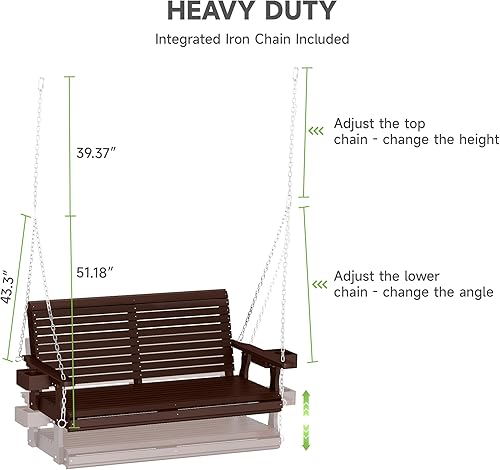 Miniatura 9 de Real Relax Columpio de porche delantero, banco de madera de 2 plazas para exteriores con portavasos, cadenas colgantes, 880 libras, asiento profundo