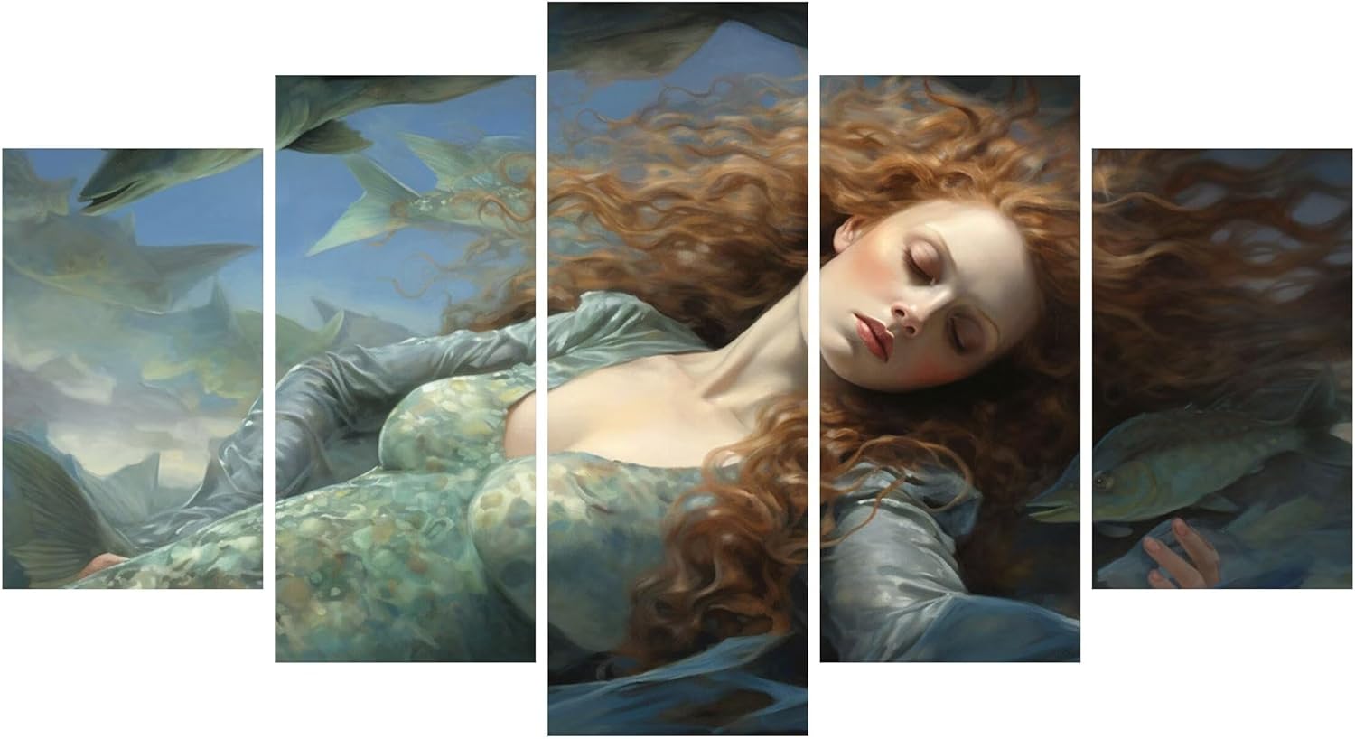 5 Panel Diamond Painting Kits 5D DIY Mermaid Fish Diamond Art Kits for Adults, Full Drill Square Diamond Dots Crystal Rhinestone Gems Arts and Crafts for Home Wall Decor Gifts 50x30in E-7511