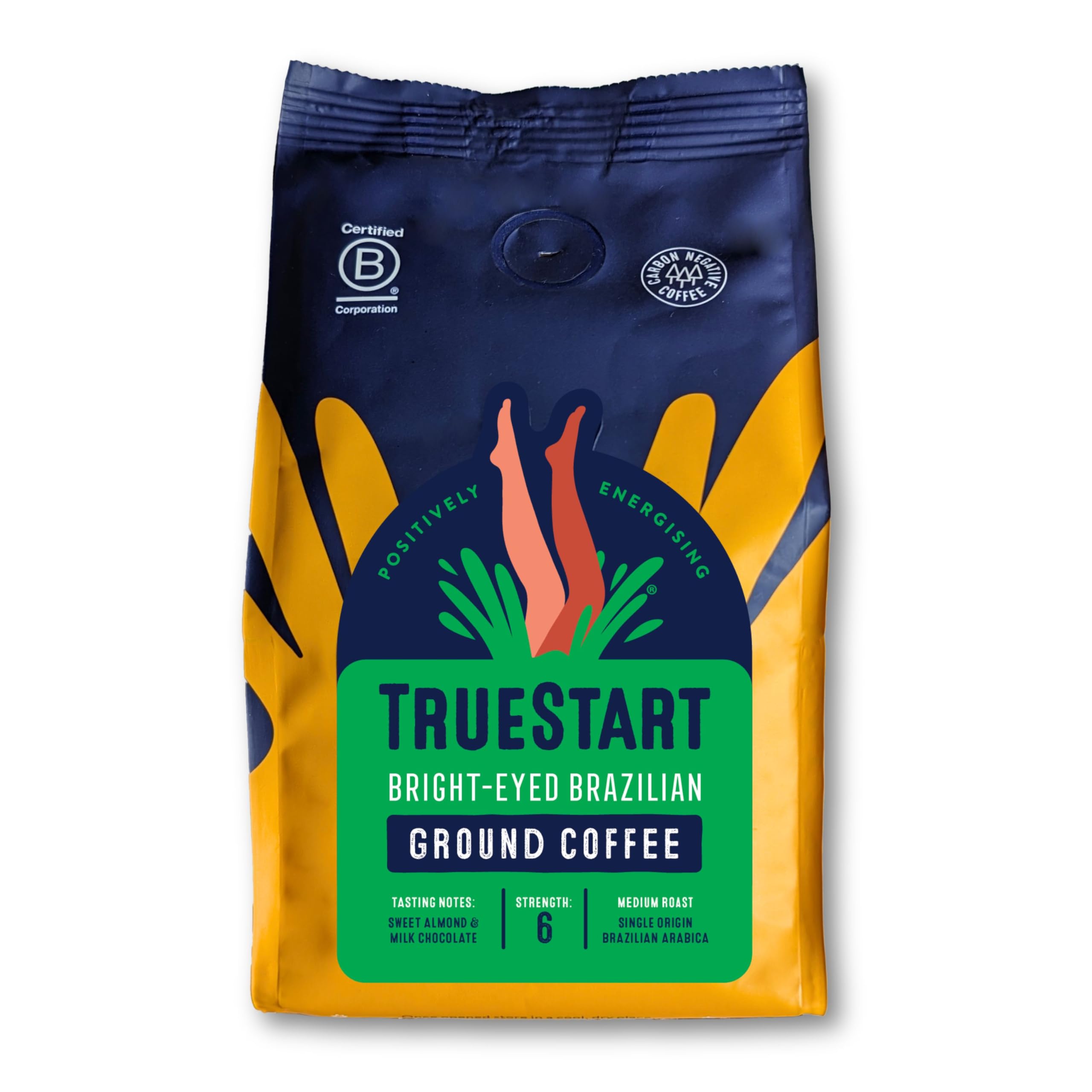 TrueStart Ground Coffee - Bright-Eyed Brazilian - 100% Arabica, Medium Roast, Specialty Grade - Mycotoxin-Free & Antioxidant Rich Coffee Grounds for Cafetiere, Aeropress - 200g, 1 Pack