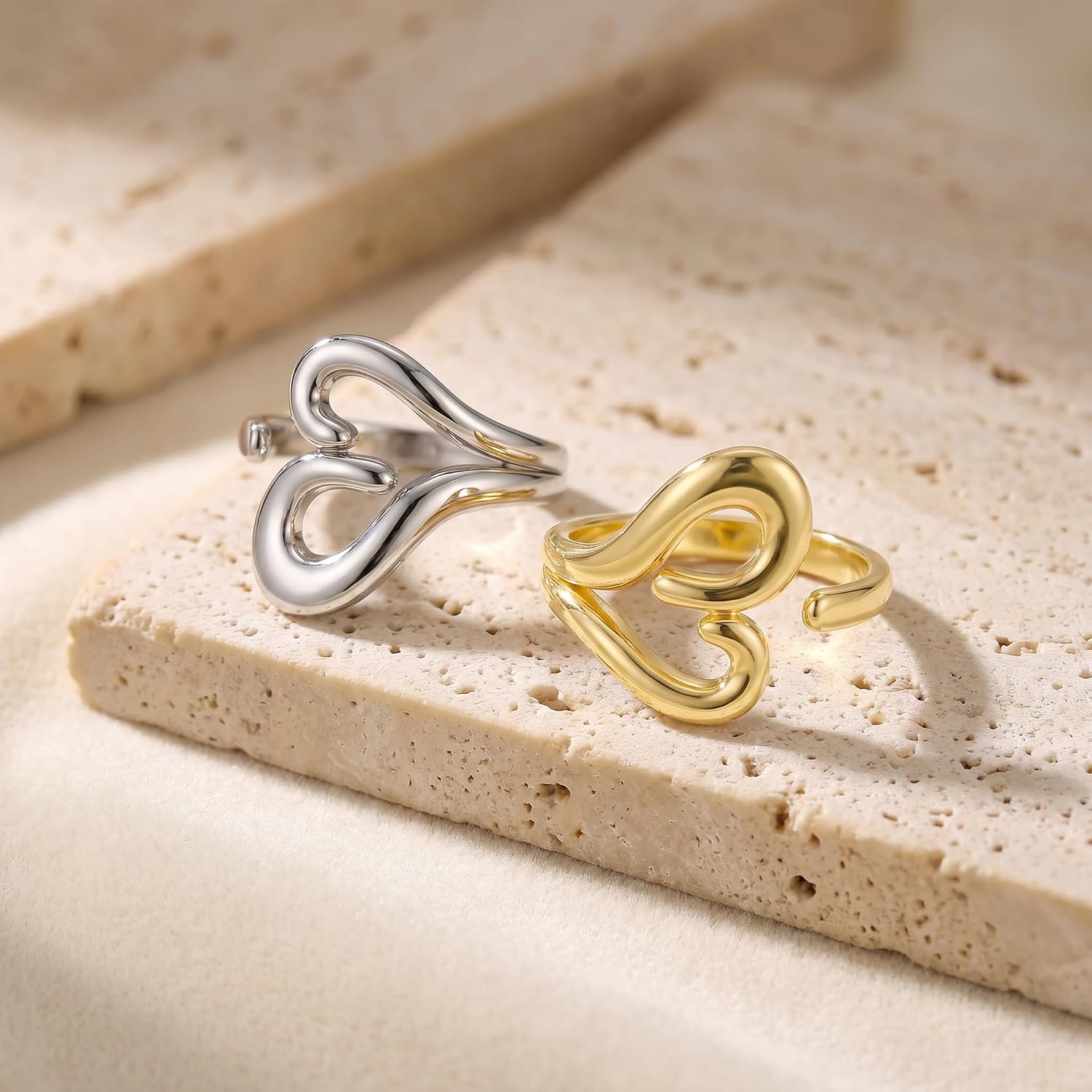 14K Gold Plated Adjustable Heart Ring for Women – Open Stacking Ring, Wear Alone or Layered, Two-Tone Intertwined Butterfly Design, Individual or Set, Perfect Promise or Friendship Gift