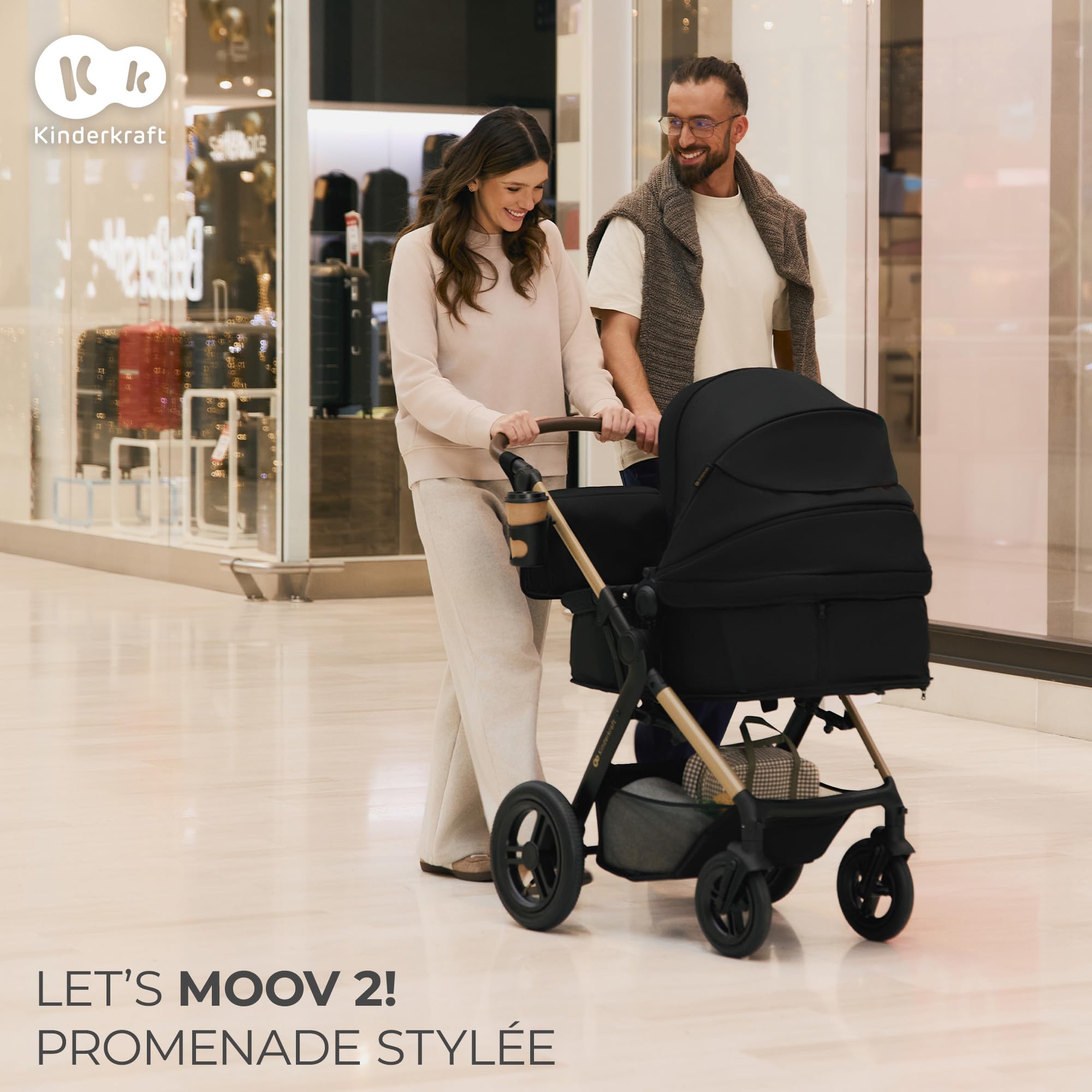 Kinderkraft MOOV XL 3 en 1, Poussette jusqu'à 27 kg, Landau, Avec siège I-SIZE 40-75 cm, Pliable, Absorption des chocs, Convertible, Nacelle XL, Avec accessoires, Noir