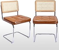 Zesthouse Natural Rattan Dining Chairs Set of 2 - Mid-Century Breuer Inspired, Faux Leather Upholstered, Modern Kitchen Living Room Chairs