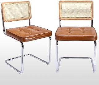 Zesthouse Cesca-T Natural Rattan Dining Chairs Set of 2, Mid-Century Breuer Inspired Modern Faux Leather Brown