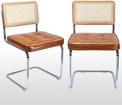Zesthouse Natural Rattan Dining Chairs Set of 2, Mid Century Modern Dining Room Chairs with Chrome Leg, Faux Leather Kitchen Chair with Solid Wood Back & Cane Mesh, Breuer Cesca Design Inspired, Brown