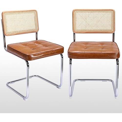 Zesthouse Natural Rattan Dining Chairs Set of 2, Modern Dining Room Chairs with Solid Wood Back for Kitchen Living Room, Mid Century Breuer Design Inspired, Upholstered Faux Leather Brown