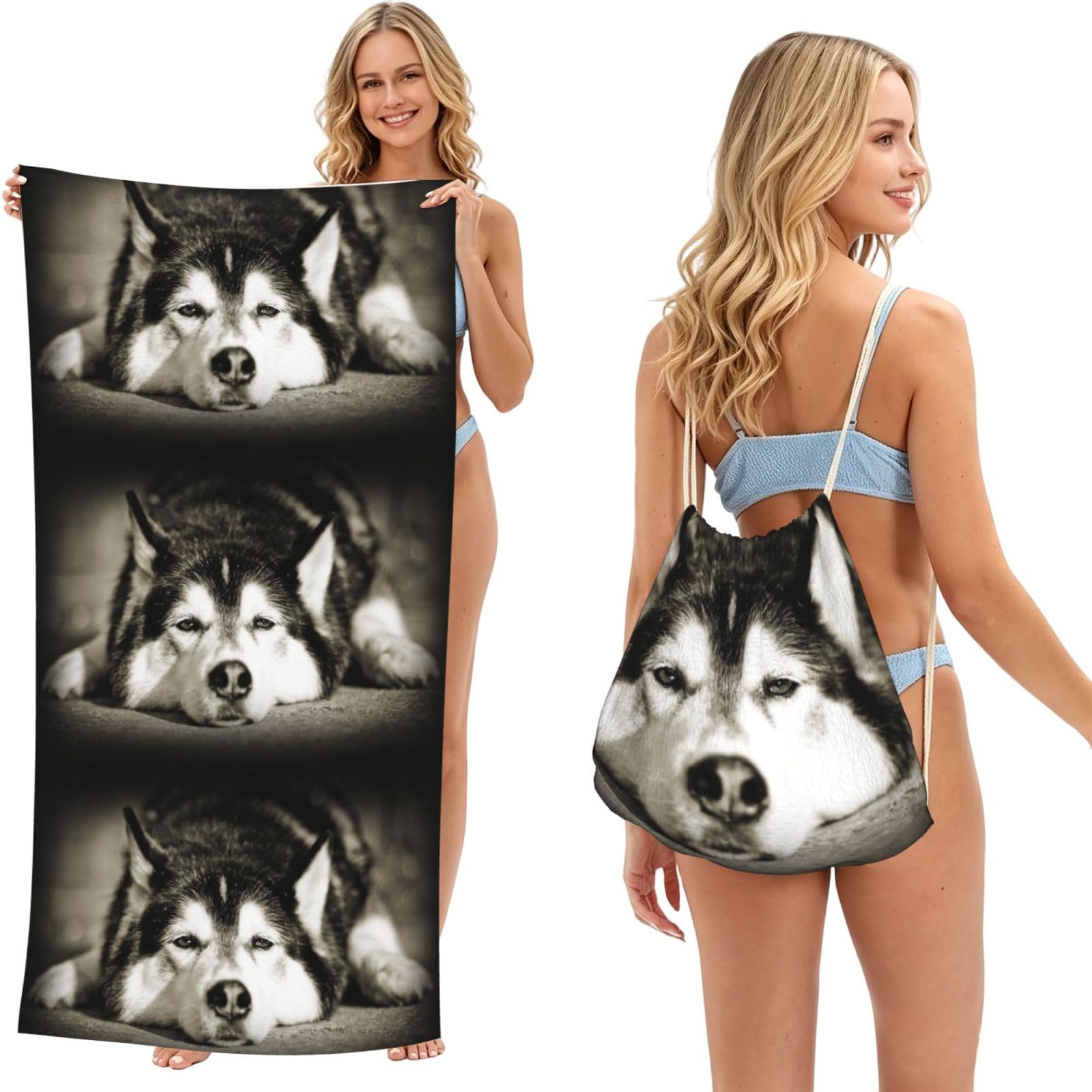 Poadnly As Picture Siberian Husky, 2 In 1 Packable Towel Bag, Beach Towels With Drawstring Backpack For Travel Holiday Camping