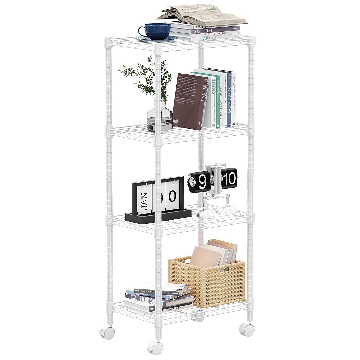 M MZG Estantería Metálica con Ruedas Bloqueables de 4 Niveles, Capacidad de Carga de 454 kg, Baldas Ajustables, para Garaje, Trastero, Lavandería y Cocina,Estudio, Blanco, 30 x 45 x 103,6 cm