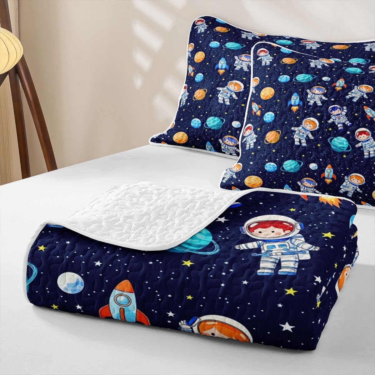 Manfei Cartoon Astronaut Space Quilted Bedspread Set,Outer Space Galaxy Microfiber Lightweight,Planet Star Rocket Full Quilt Sets for All Season,Navy Blue 3Pcs with 2 Pillow Shams
