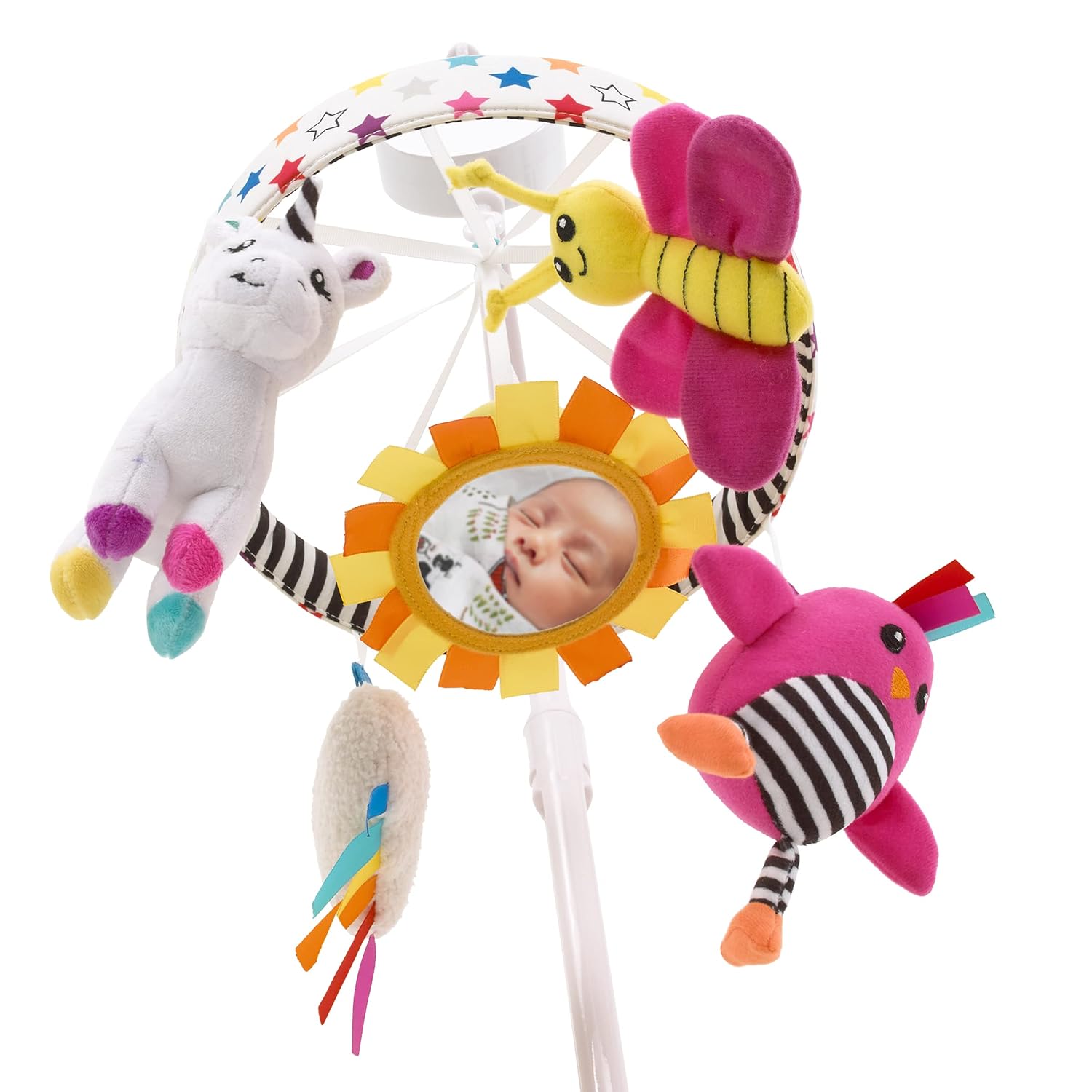NoJo Sassy Baby Ulbright Unicorn Black, White, and Multi-Colored Developmental Plush Peek-a-Boo Mirror Musical Mobile