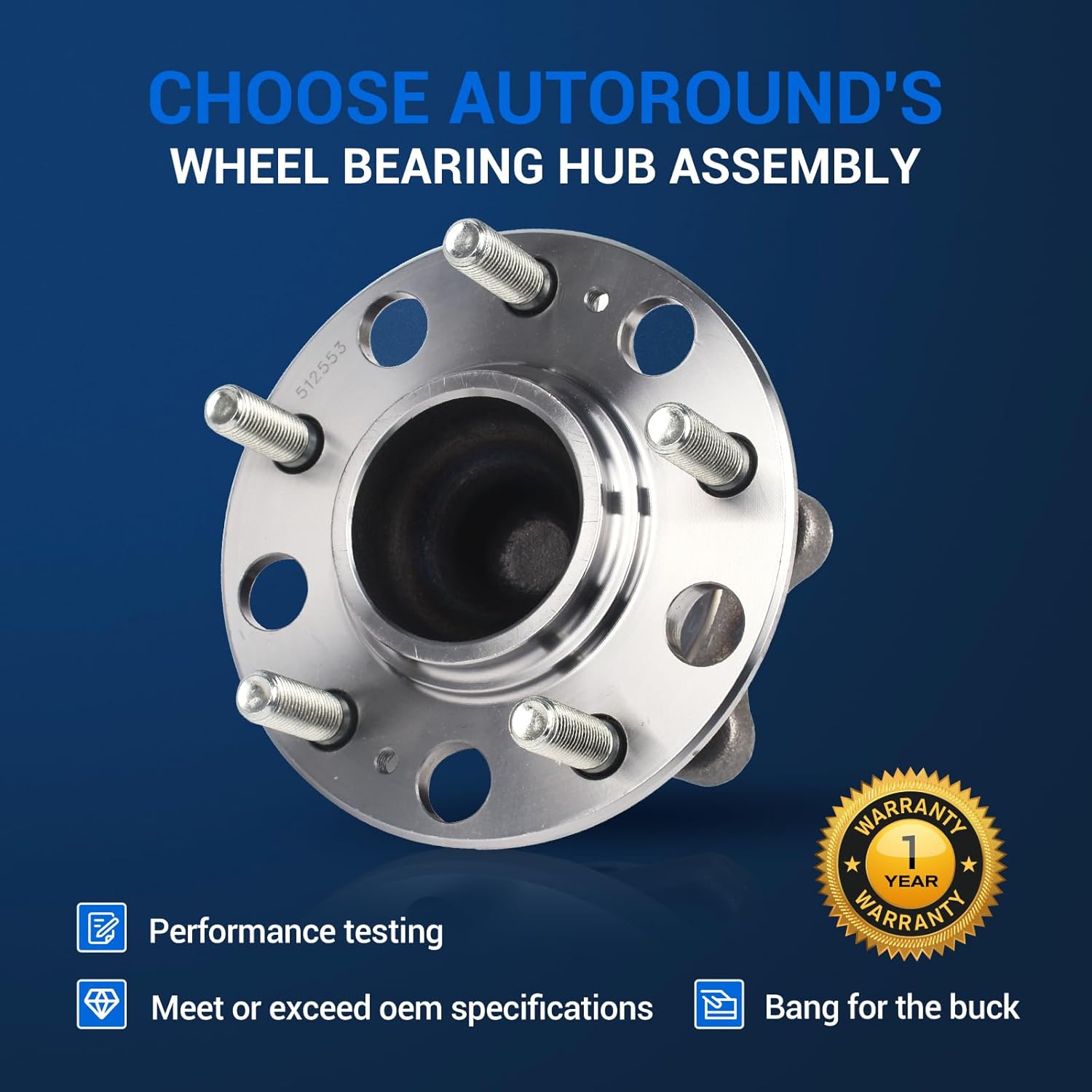 Autoround 512553 Rear Wheel Bearing and Hub Assembly Compatible with Hyundai Sonata 2015-2019/ Tucson 2016-2021/ Veloster N, Kia Optima 2016-2020/ Sportage/Cadenza 5-Lugs w/ABS