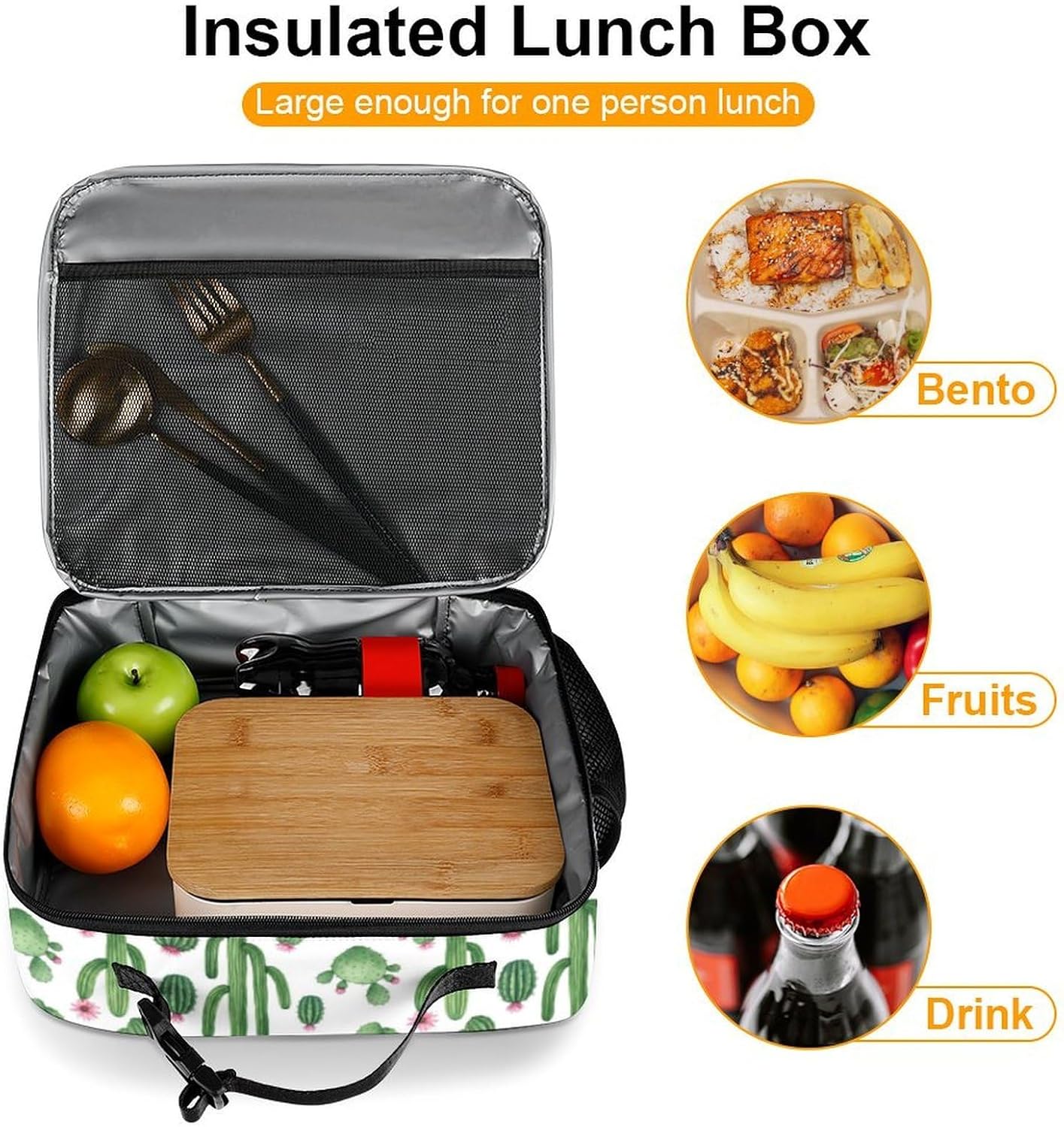 Watercolor Cactus Reusable Lunch Box Insulated Lunch Bag Cooler Bag Lunchbox Meal Food Container Tote Bag for Women Kids Girls School Camping Hiking Picnic Beach Travel