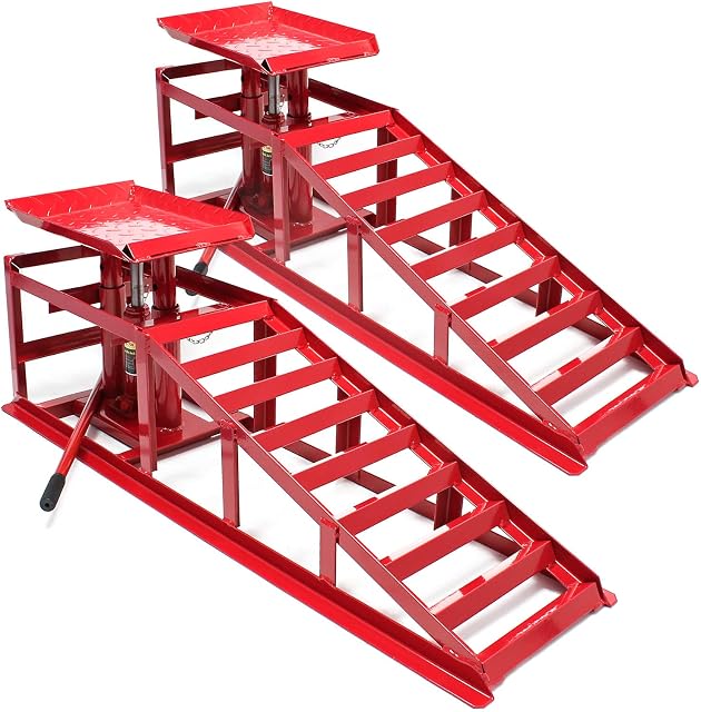Wiltec Rampa najazdowa 2 x z hydraulicznym podnośnikiem samochodowym, 2000 kg, z regulacją wysokości, szyna najazdowa, stal stopowa, czerwona