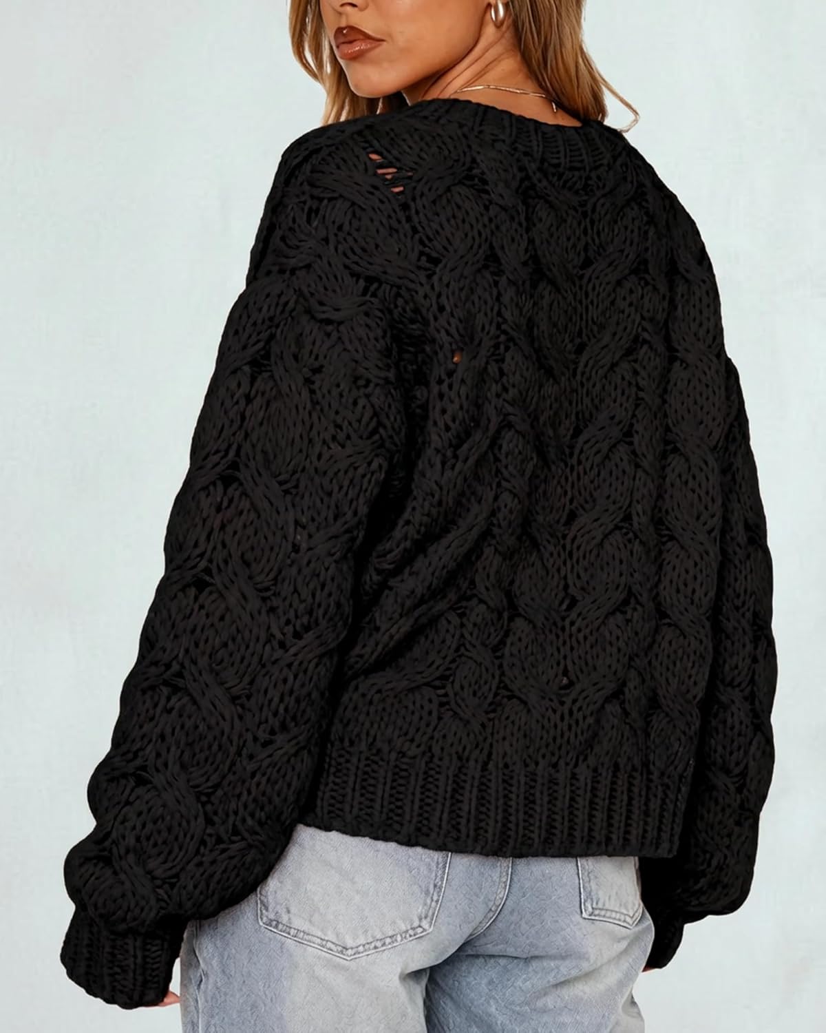 Women's Oversized Chunky Cable Knit Sweater Long Sleeve Crew Neck Crochet Fall Pullover Tops - Image 3