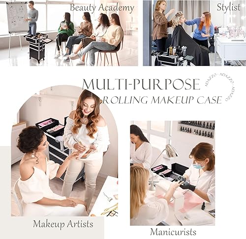 Miniatura 10 de Adazzo Estuche de aluminio 3 en 1 para maquillaje profesional con ruedas de rotación de 360 para maquillador, organizador de maleta cosmética con
