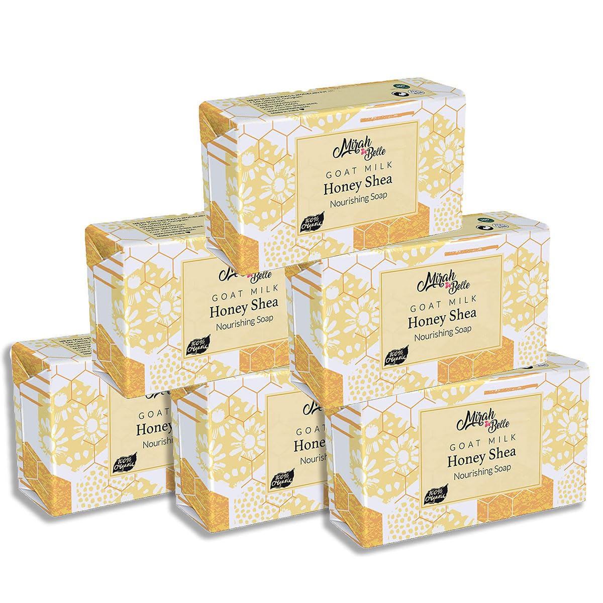 Mirah Belle - Organic Goat Milk, Honey, Shea Butter (Pack of 6-125 GMS) - Handmade Soap Bar - Sensitive Skin - Natural, Cruelty Free and Paraben Free - Best for Men, Women - 750 gms