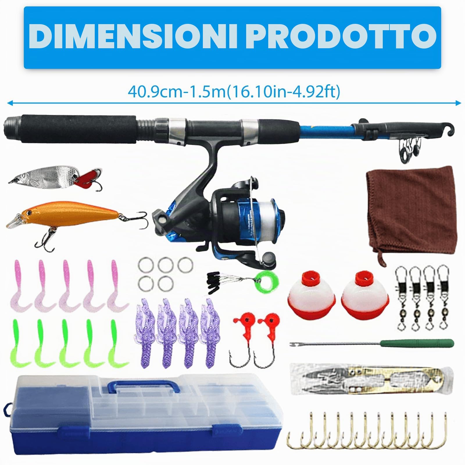 Set da pesca per bambini, 1,5 m, con mulinello da pesca ed esca, canna da pesca telescopica in fibra di carbonio e mulinello da pesca, accessori da pesca per bambini dai 3 ai 10 anni, set completo